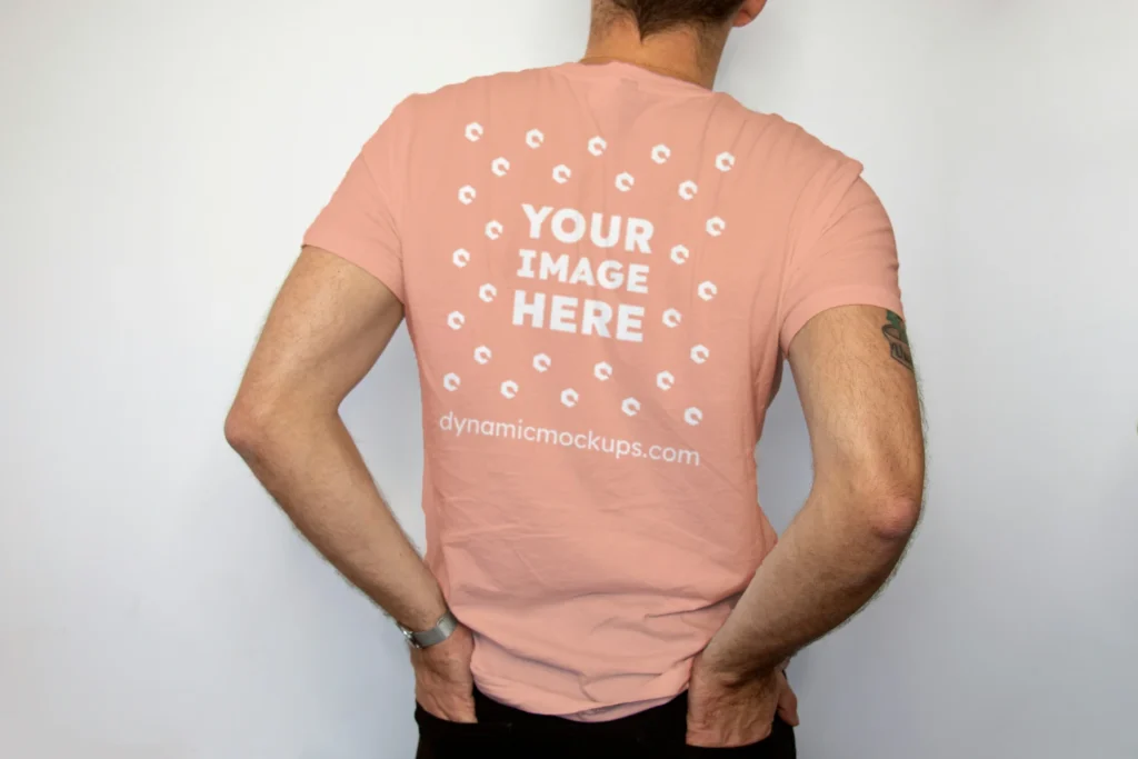 Man Wearing Peach T-shirt Mockup Back View Template