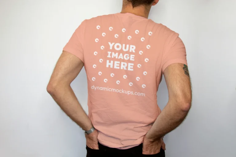 Man Wearing Peach T-shirt Mockup Back View Template