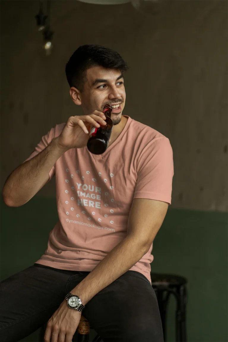 Man Wearing Peach T-shirt Mockup Front View Template