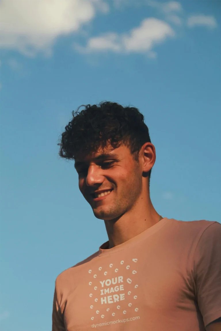 Man Wearing Peach T-shirt Mockup Front View Template