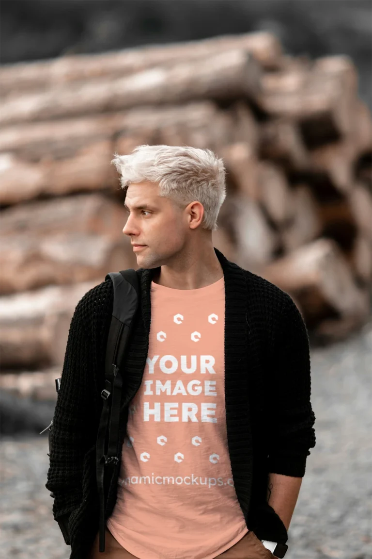 Man Wearing Peach T-shirt Mockup Front View Template