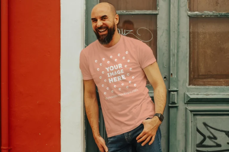 Man Wearing Peach T-shirt Mockup Front View Template