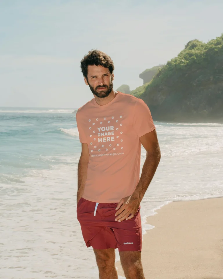 Man Wearing Peach T-shirt Mockup Front View Template