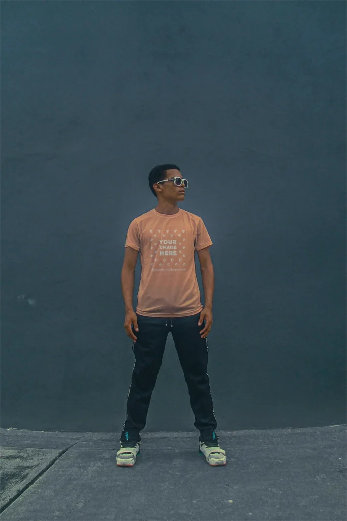 Man Wearing Peach T-shirt Mockup Front View Template