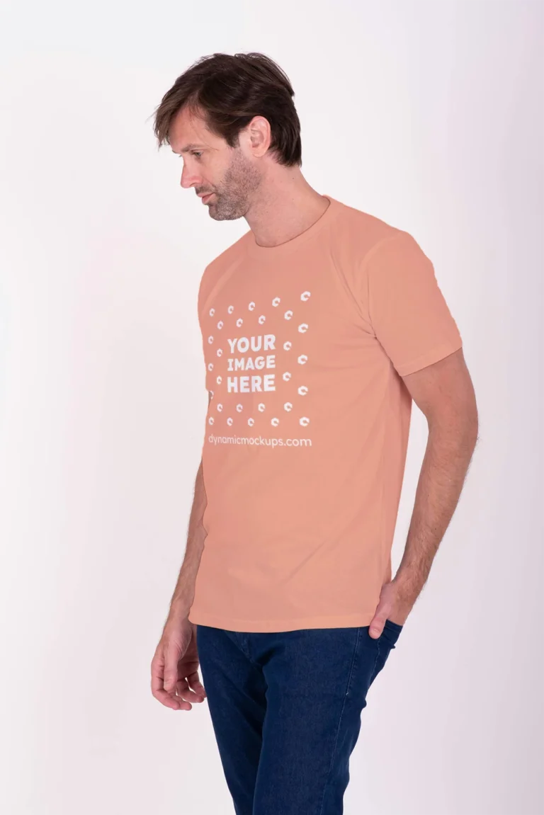 Man Wearing Peach T-shirt Mockup Front View Template