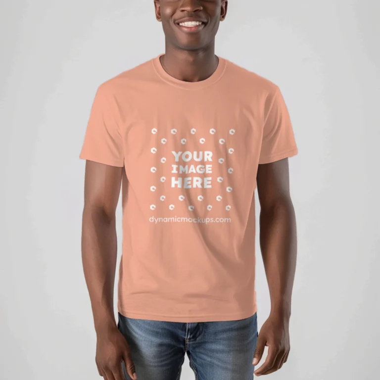 Man Wearing Peach T-shirt Mockup Front View Template