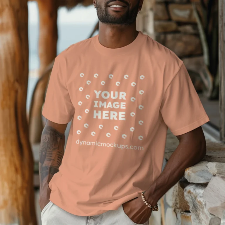 Man Wearing Peach T-shirt Mockup Front View Template