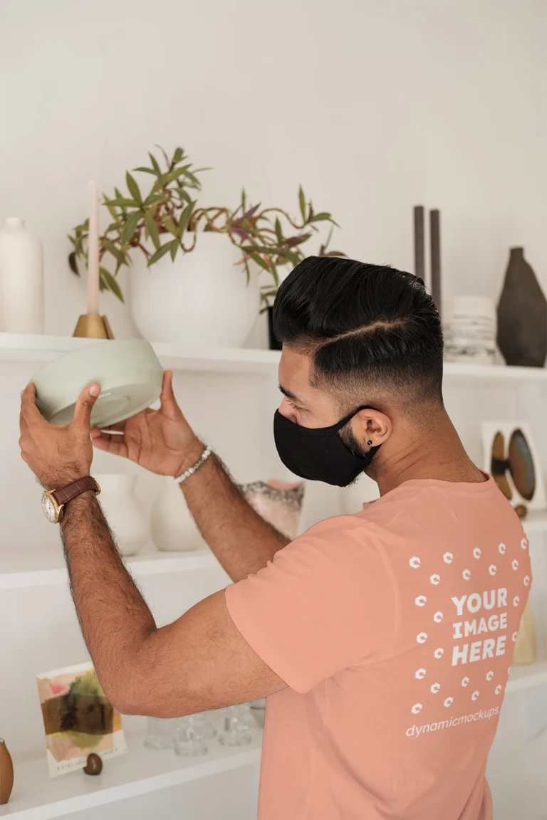 Man Wearing Peach T-shirt Mockup Back View Template