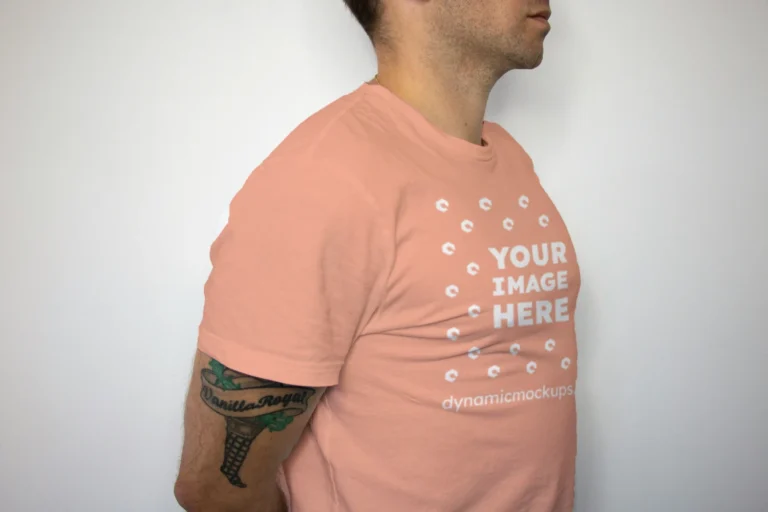 Man Wearing Peach T-shirt Mockup Front View Template
