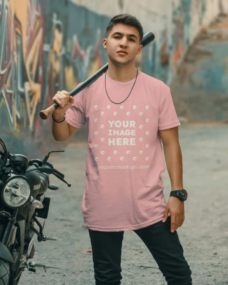 Man Wearing Pink T-shirt Mockup Front View Template