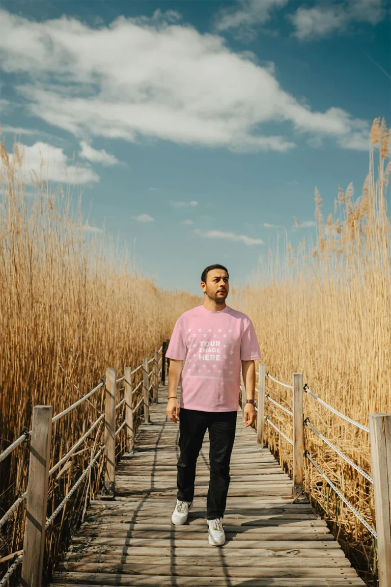 Man Wearing Pink T-shirt Mockup Front View Template