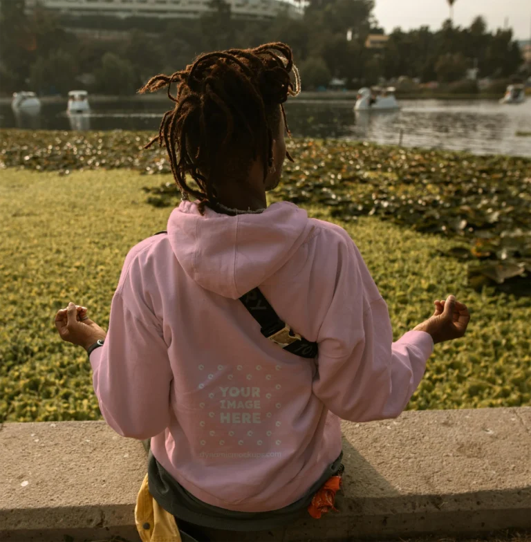 Man Wearing Pink Hoodie Mockup Back View Template