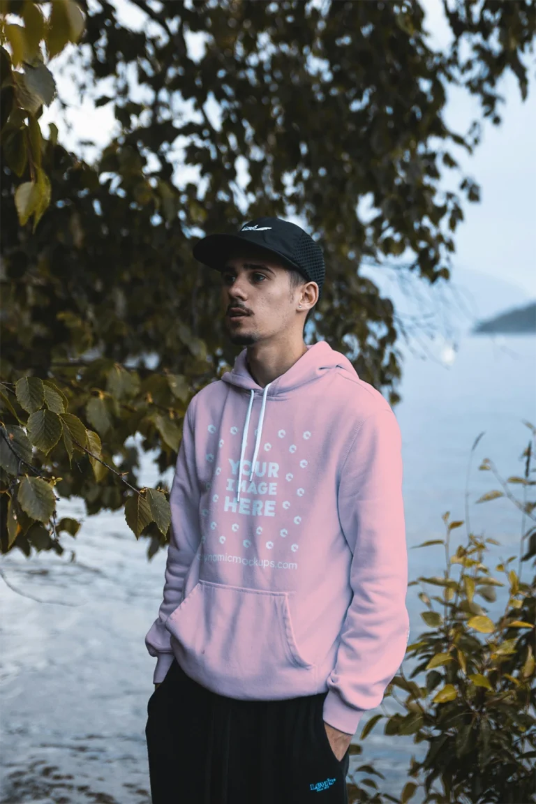 Man Wearing Pink Hoodie Mockup Front View Template