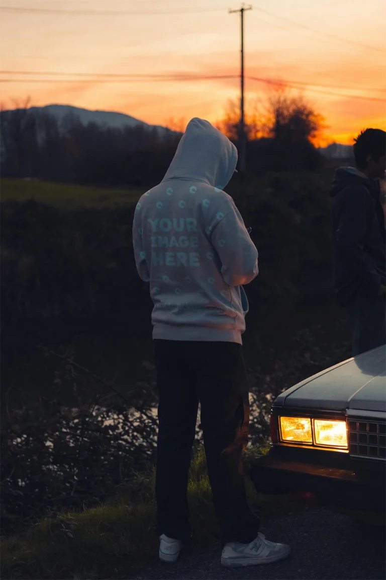 Man Wearing Pink Hoodie Mockup Back View Template