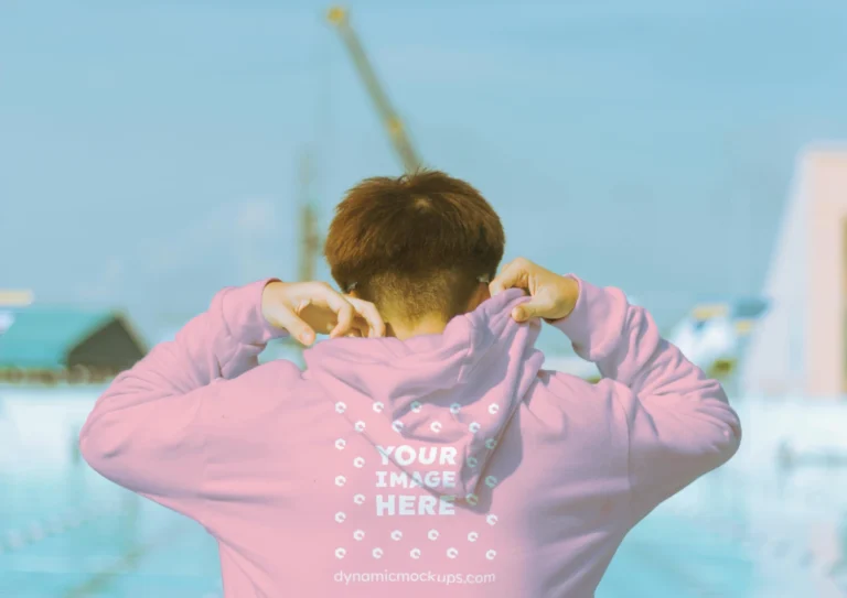 Man Wearing Pink Hoodie Mockup Back View Template