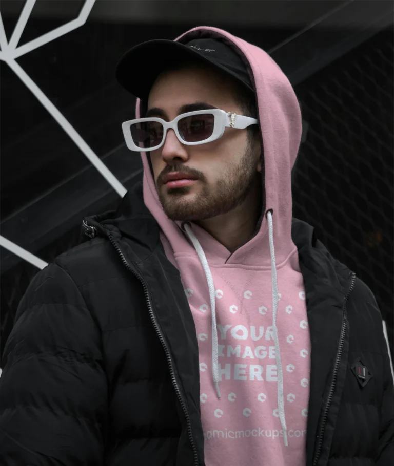 Man Wearing Pink Hoodie Mockup Front View Template