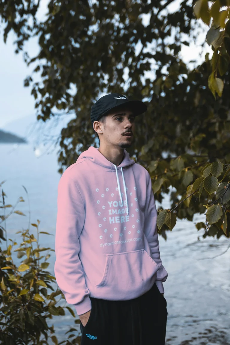 Man Wearing Pink Hoodie Mockup Front View Template