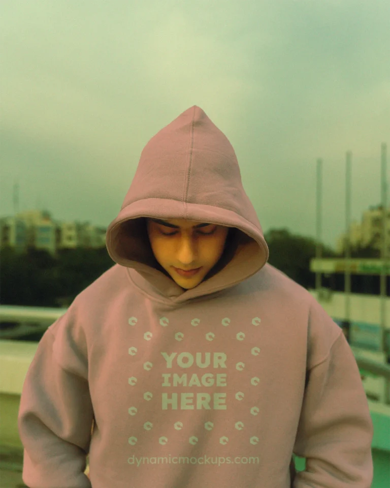 Man Wearing Pink Hoodie Mockup Front View Template