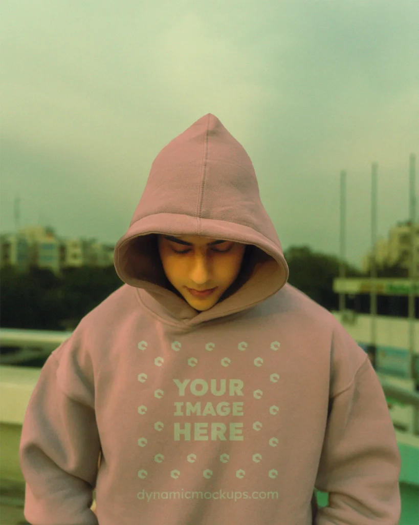 Man Wearing Pink Hoodie Mockup Front View Template