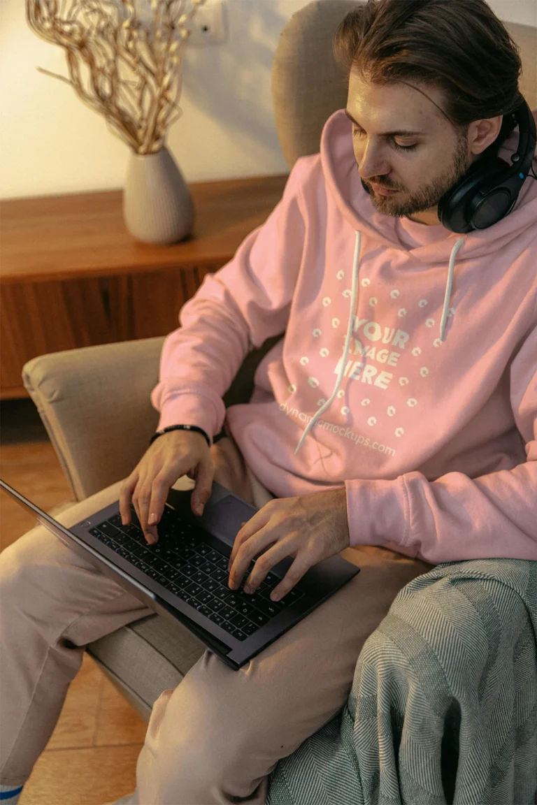 Man Wearing Pink Hoodie Mockup Front View Template
