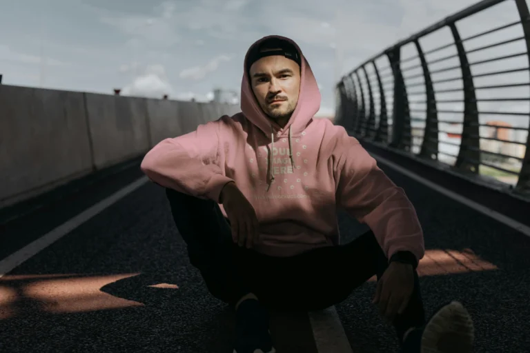 Man Wearing Pink Hoodie Mockup Front View Template