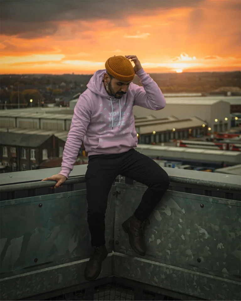 Man Wearing Pink Hoodie Mockup Front View Template