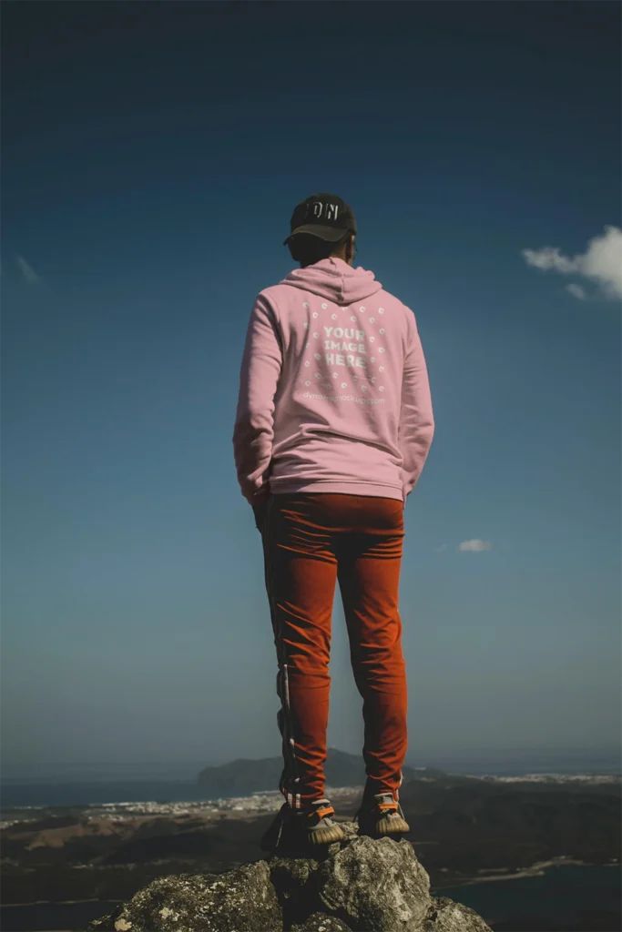 Man Wearing Pink Hoodie Mockup Back View Template