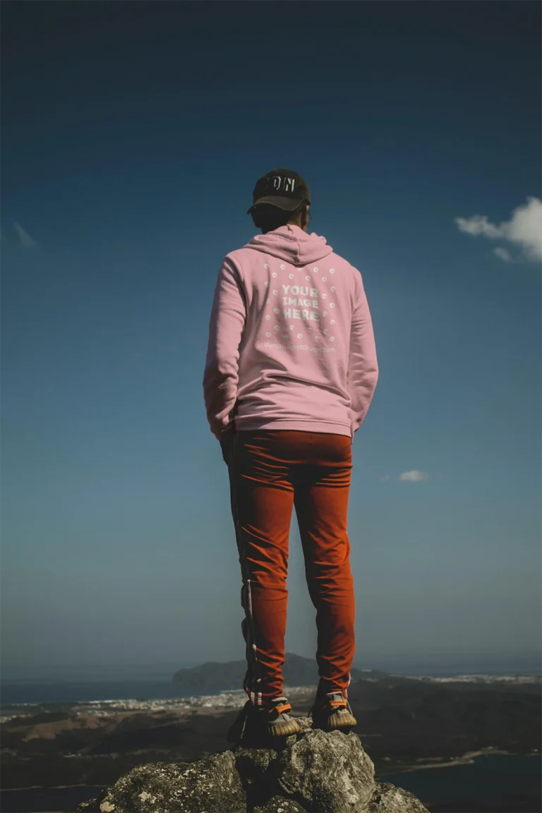Man Wearing Pink Hoodie Mockup Back View Template