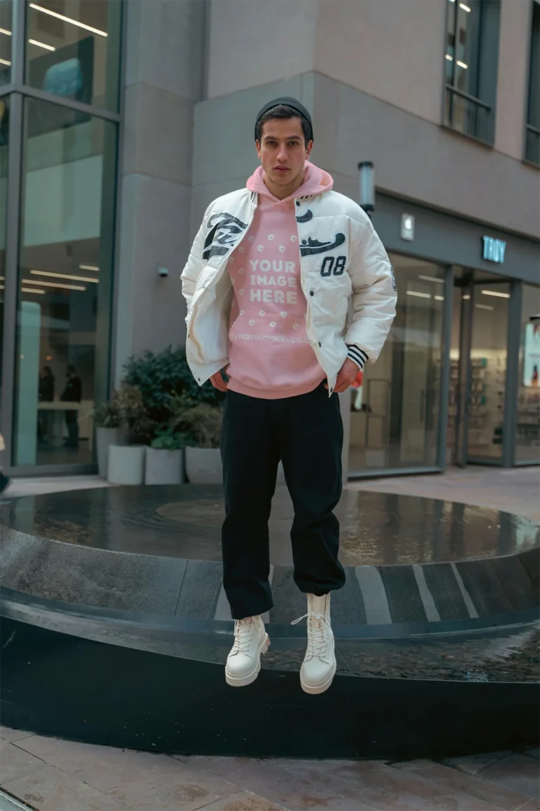 Man Wearing Pink Hoodie Mockup Front View Template