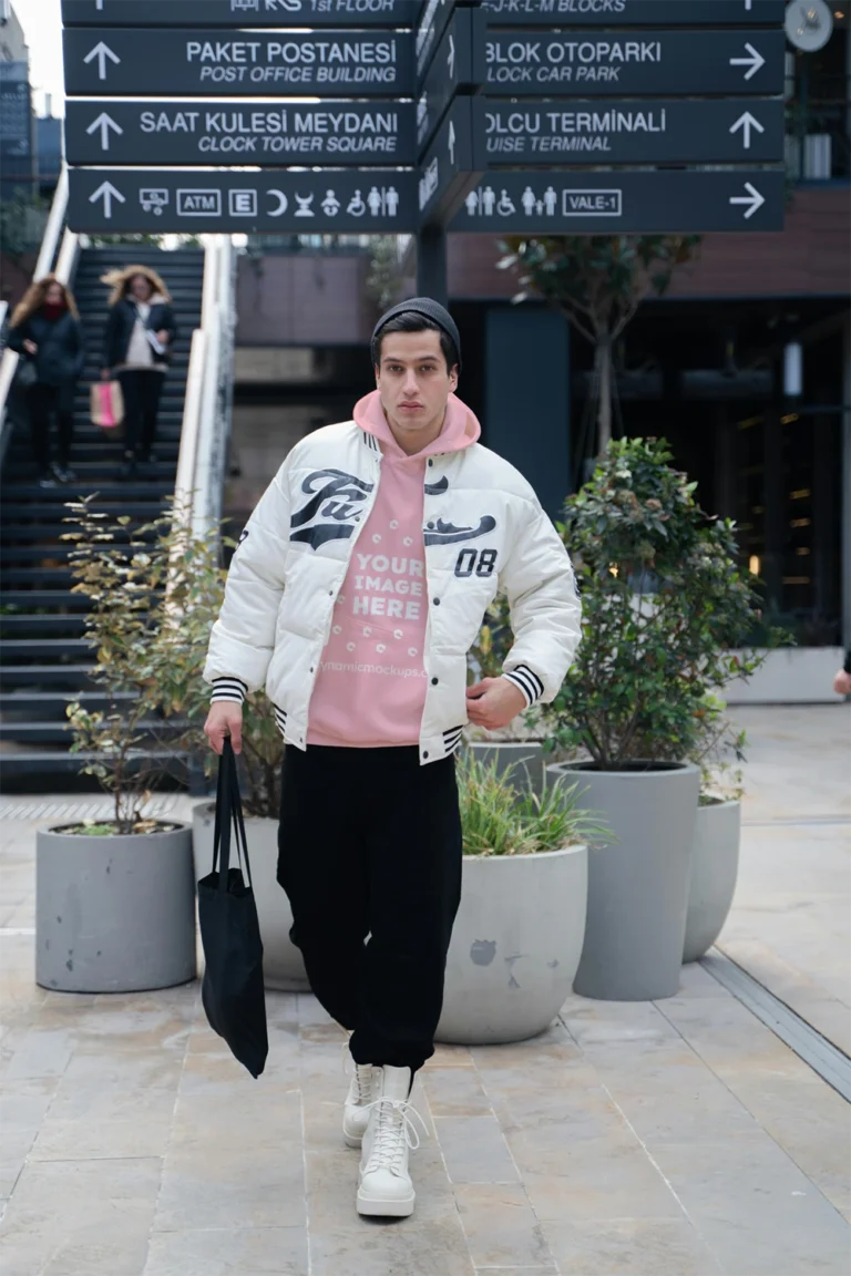 Man Wearing Pink Hoodie Mockup Front View Template