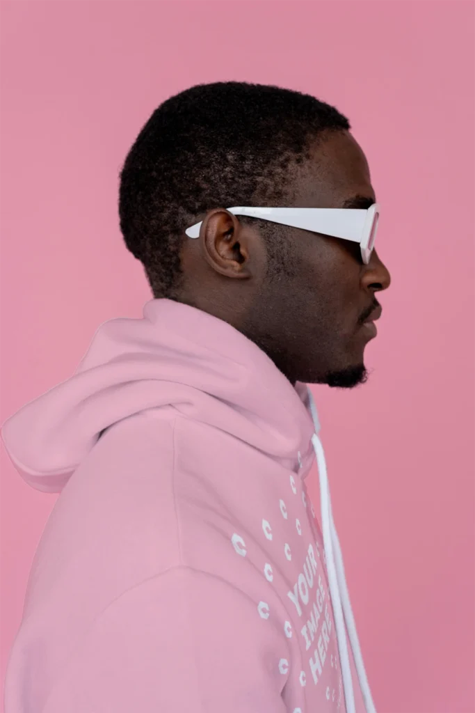 Man Wearing Pink Hoodie Mockup Side View Template