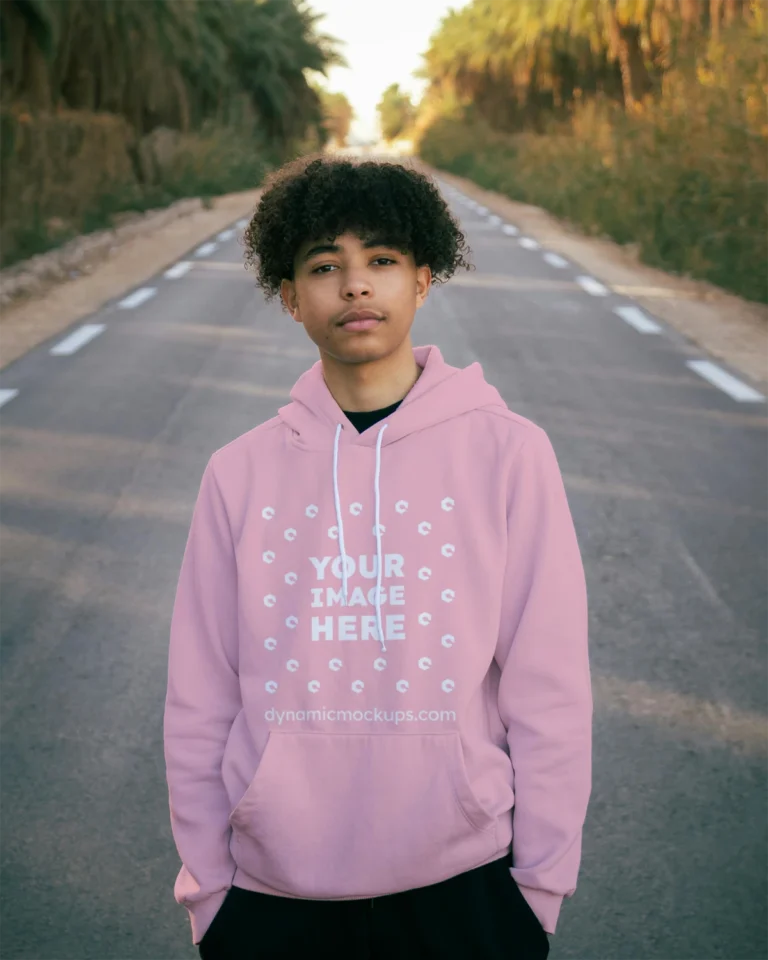 Man Wearing Pink Hoodie Mockup Front View Template