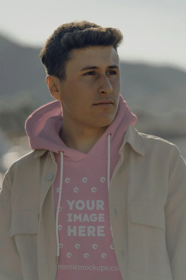 Man Wearing Pink Hoodie Mockup Front View Template