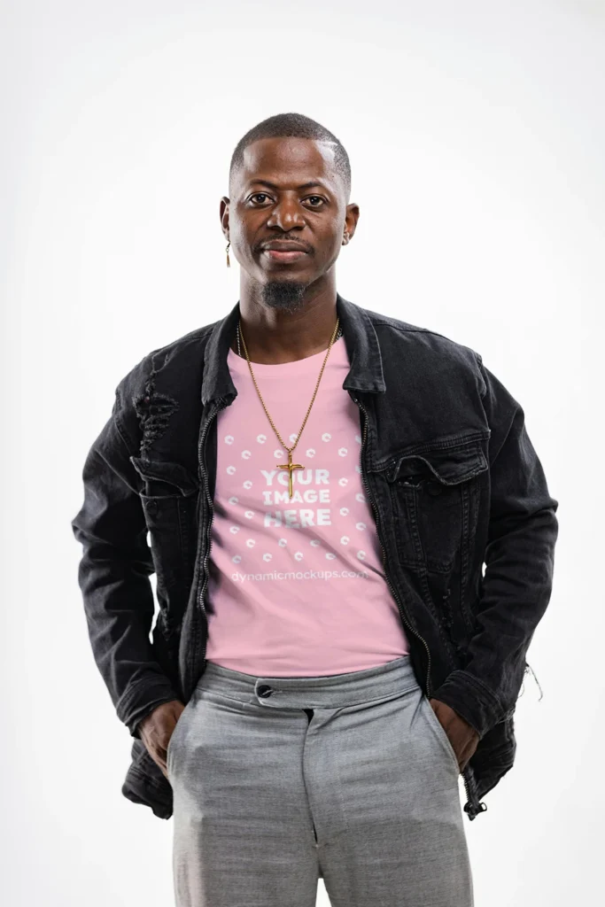 Man Wearing Pink T-shirt Mockup Front View Template