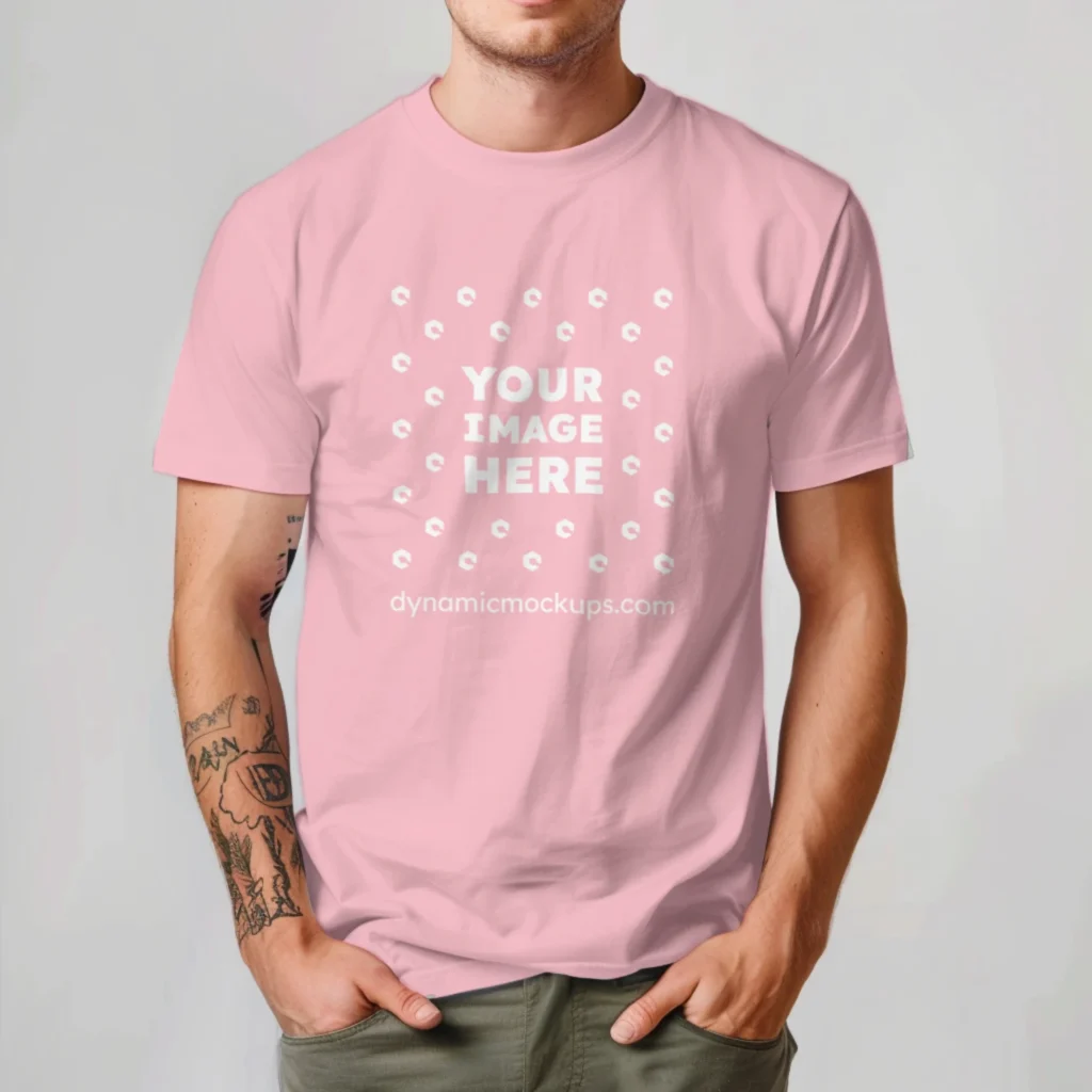 Man Wearing Pink T-shirt Mockup Front View Template