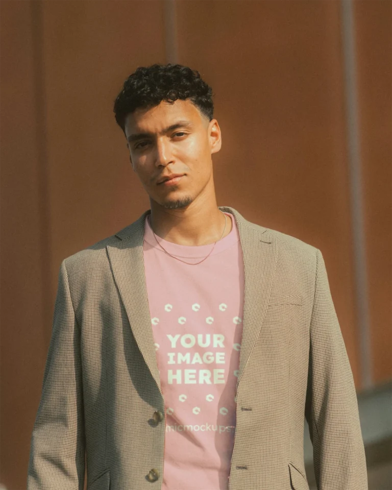 Man Wearing Pink T-shirt Mockup Front View Template