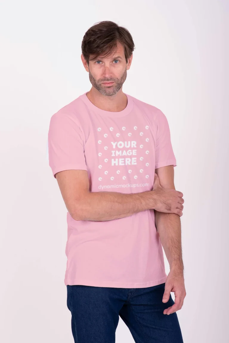 Man Wearing Pink T-shirt Mockup Front View Template