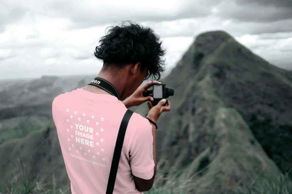 Man Wearing Pink T-shirt Mockup Back View Template