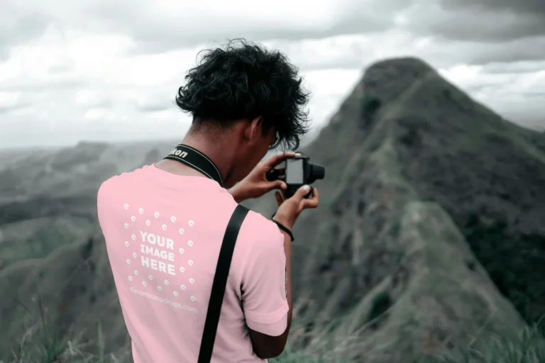 Man Wearing Pink T-shirt Mockup Back View Template