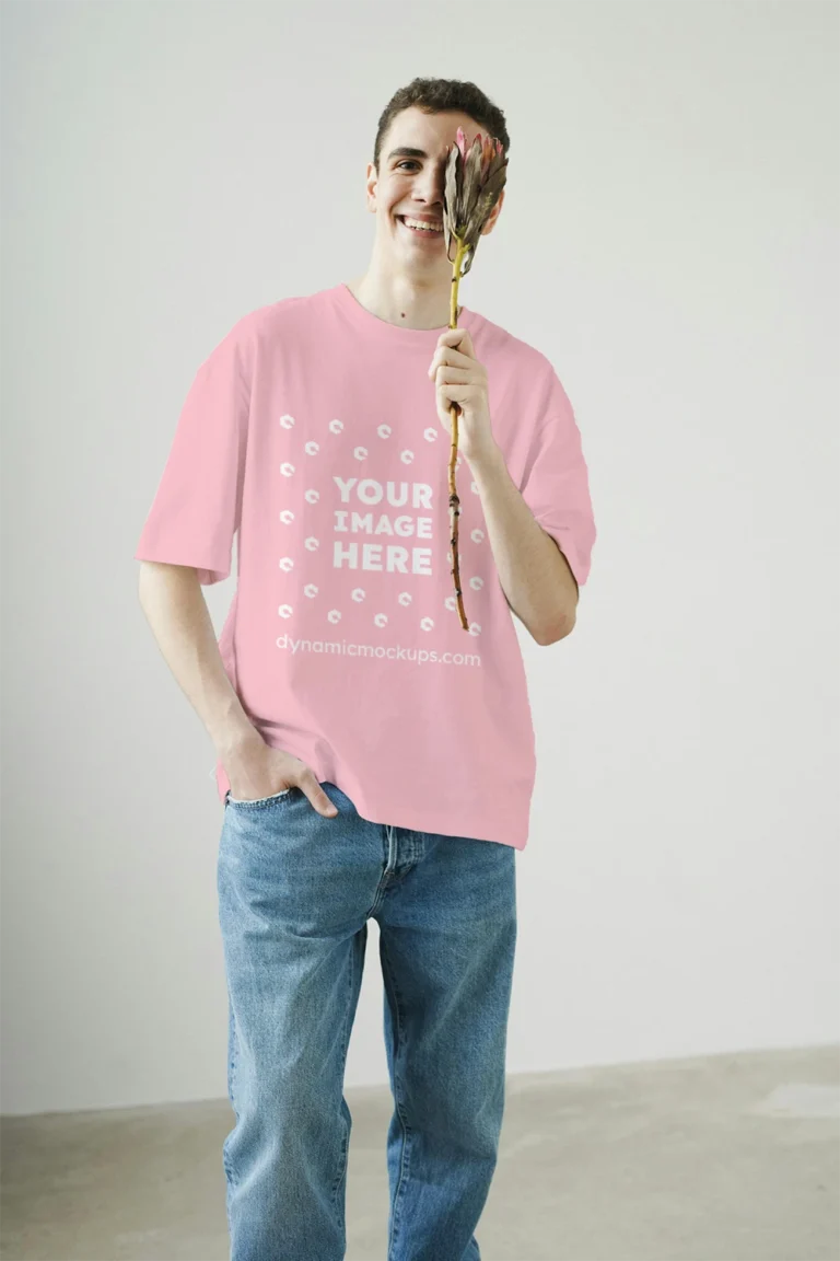 Man Wearing Pink T-shirt Mockup Front View Template
