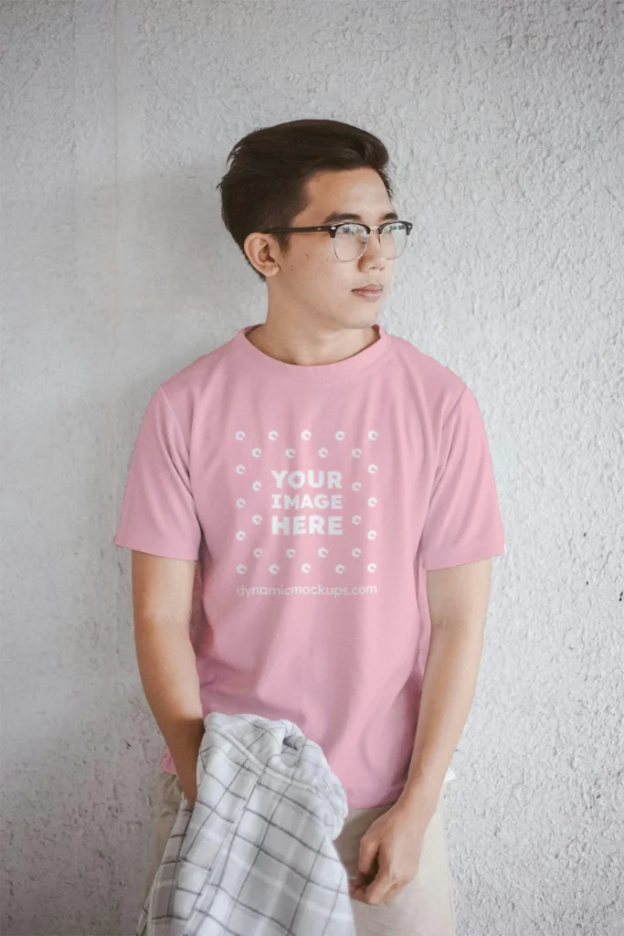 Man Wearing Pink T-shirt Mockup Front View Template
