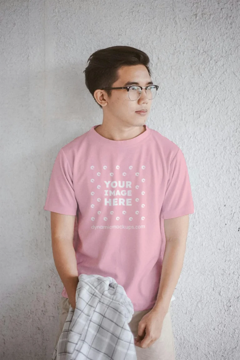 Man Wearing Pink T-shirt Mockup Front View Template