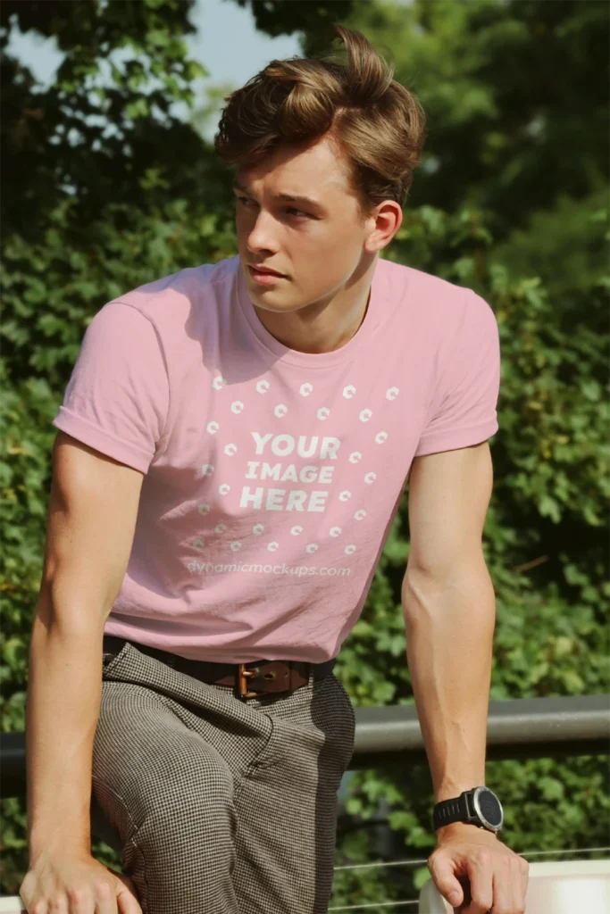 Man Wearing Pink T-shirt Mockup Front View Template