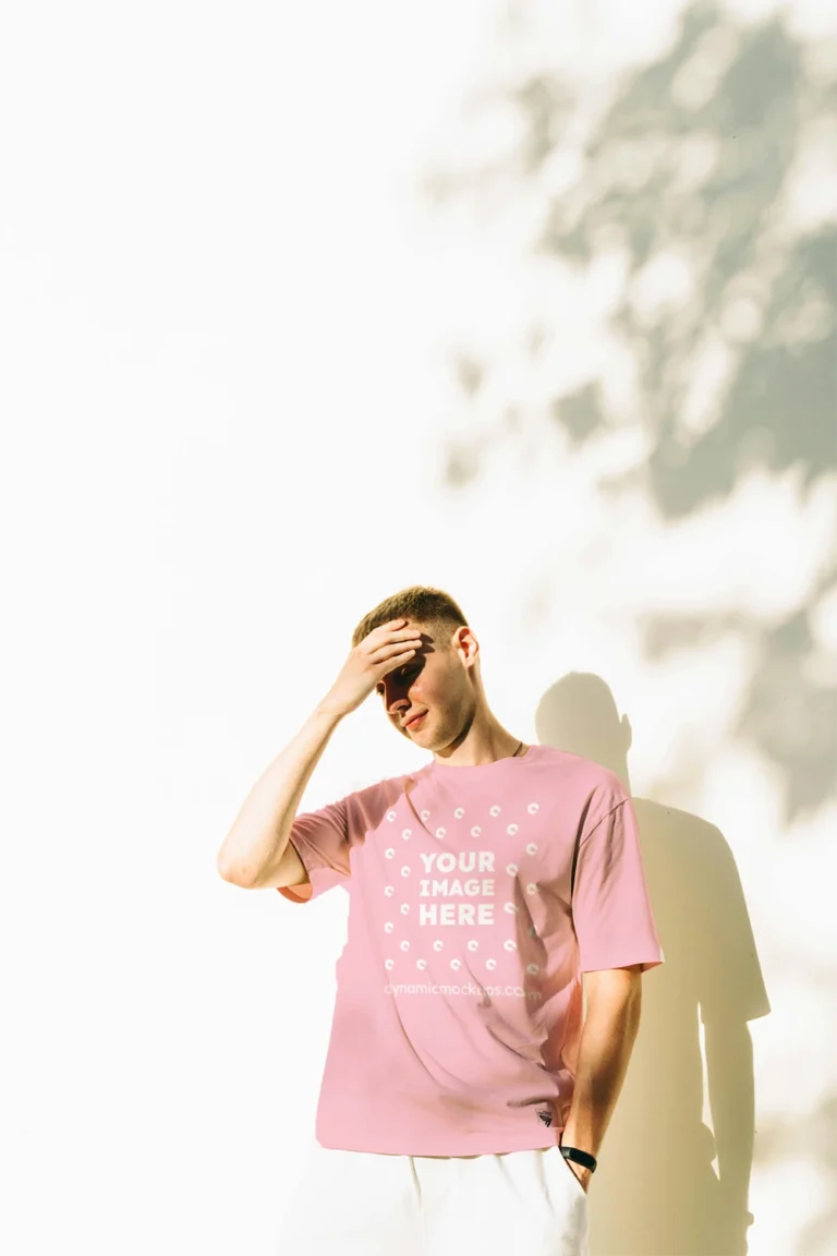 Man Wearing Pink T-shirt Mockup Front View Template