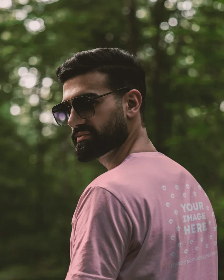 Man Wearing Pink T-shirt Mockup Back View Template