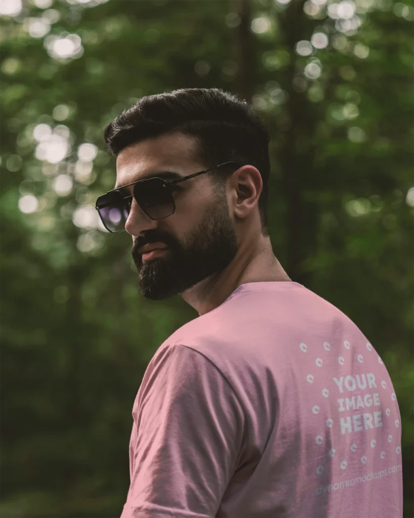 Man Wearing Pink T-shirt Mockup Back View Template
