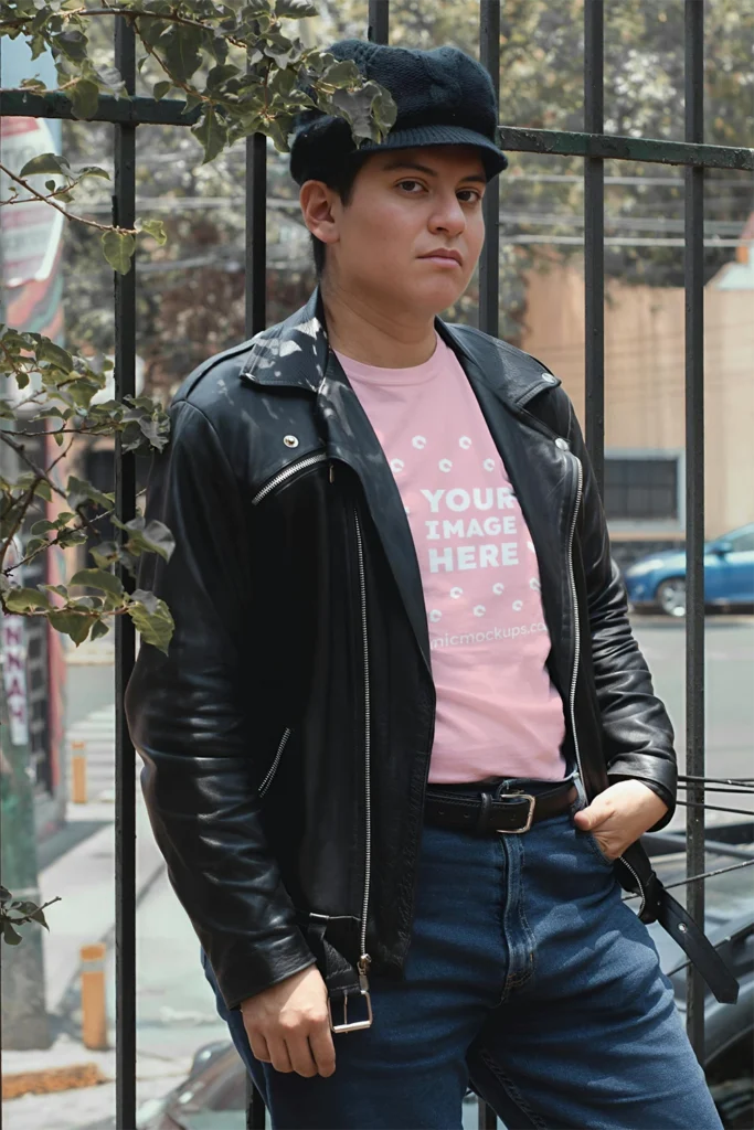 Man Wearing Pink T-shirt Mockup Front View Template