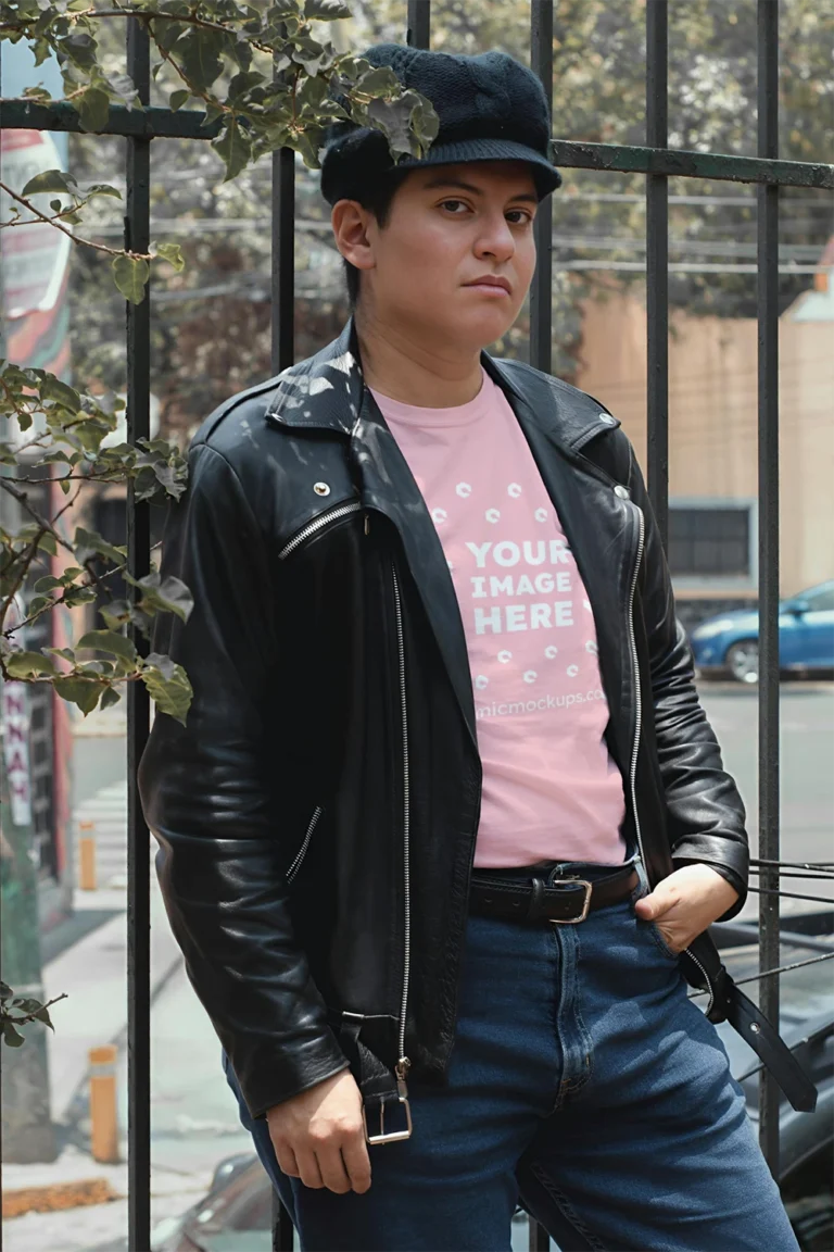 Man Wearing Pink T-shirt Mockup Front View Template