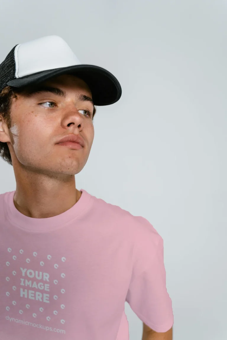 Man Wearing Pink T-shirt Mockup Front View Template