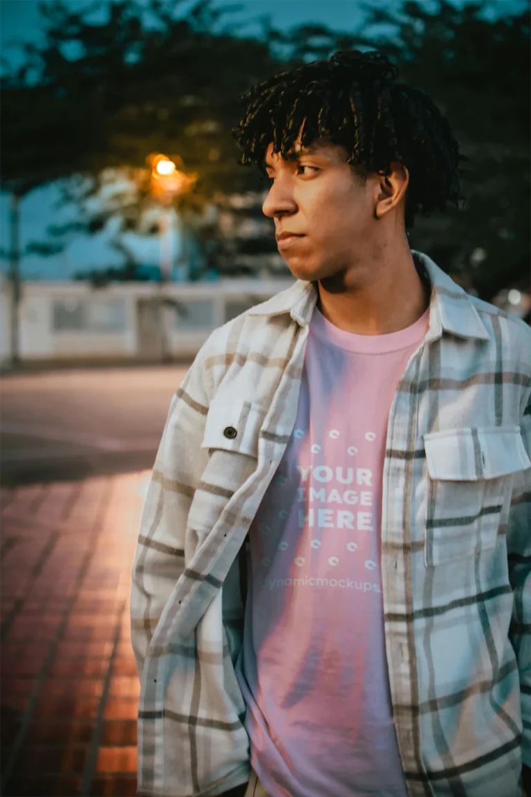 Man Wearing Pink T-shirt Mockup Front View Template
